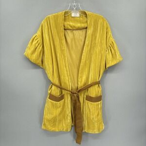 DX Collection Kimono Blazer Womens Small Yellow Velvet Belted Short Sleeve Open